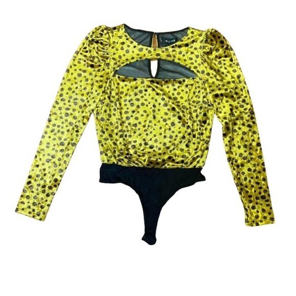 4SI3NNA Tops - 𝅺4si3nna Velvet Gold Cutout Bodysuit w/ Puff Sleeves - Size L